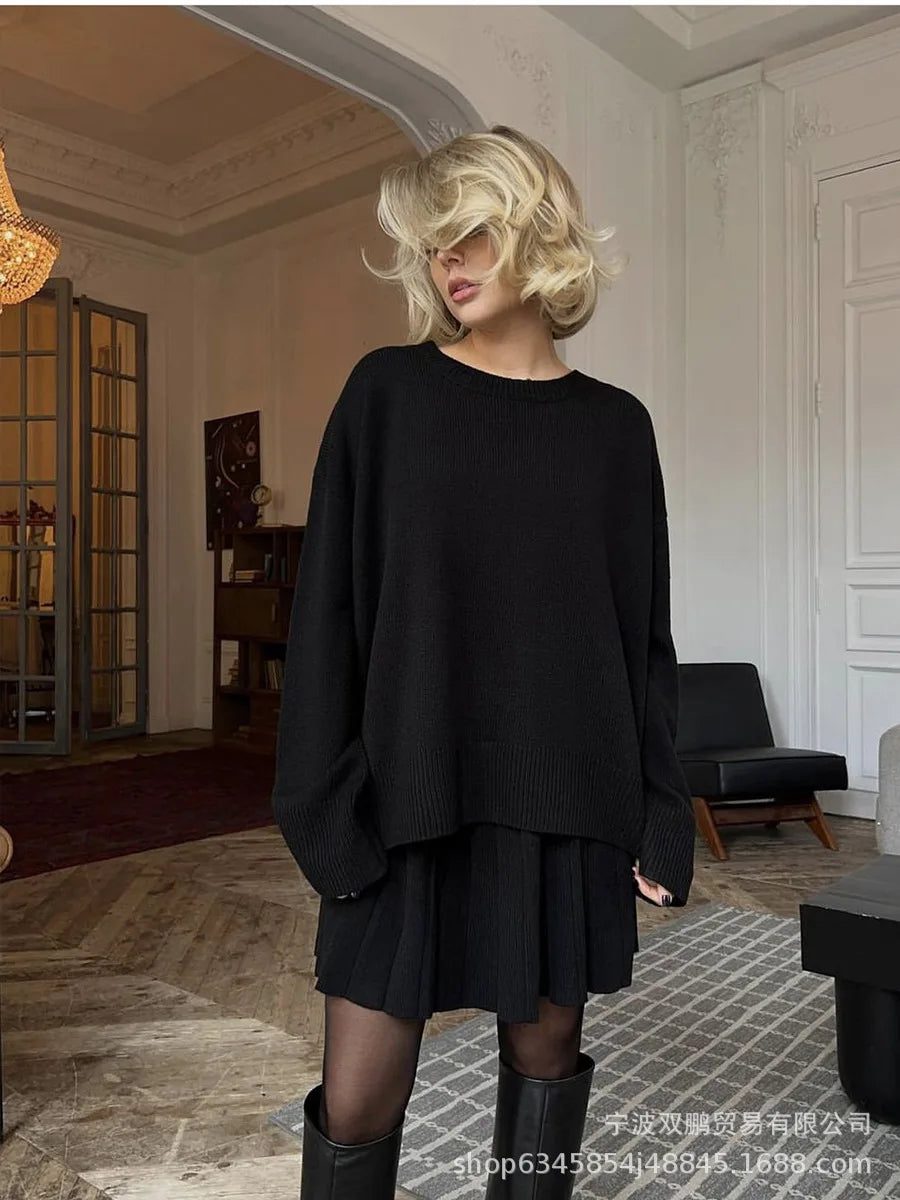 Autumn Solid Color O-neck Sweater Dress Sets Women's Clothing 2024 New Long Sleeves Fishion Style Loose Knitted Short Skirt Set