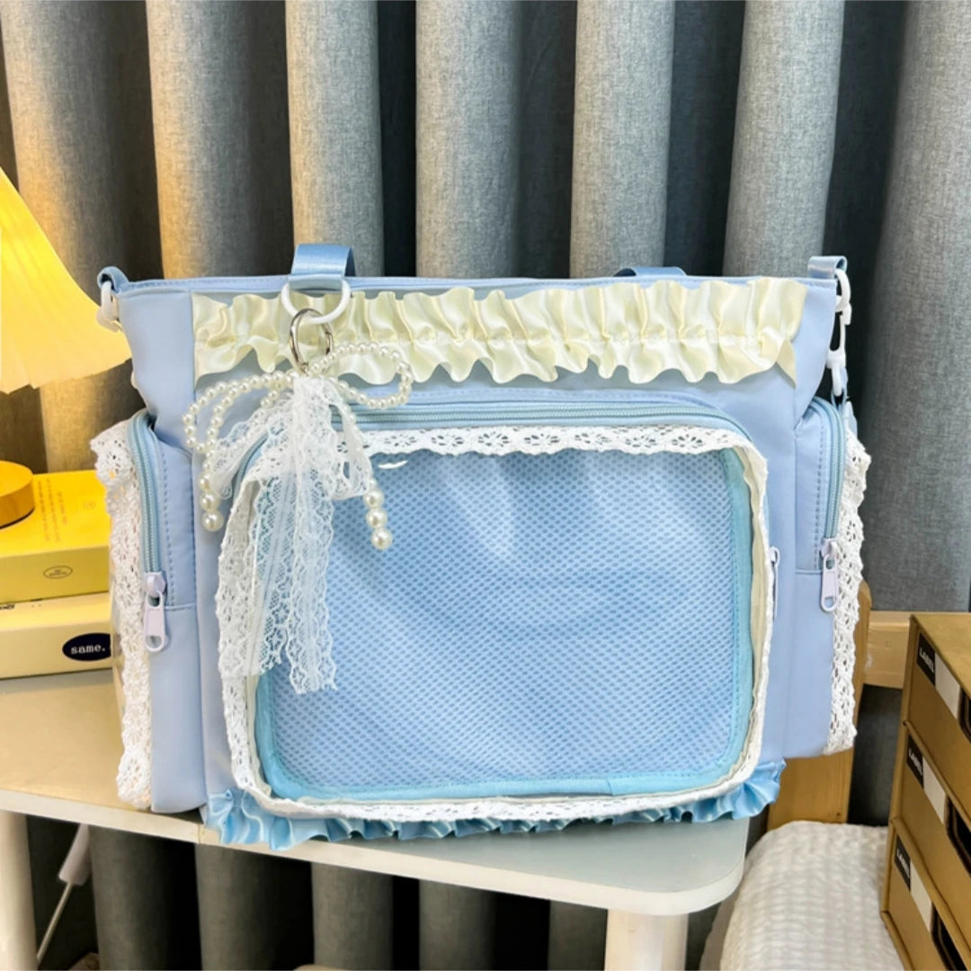 Sweet Lolita Single Shoulder Crossbody Bag Transparent Window Lace Ruffles Anime Badge Display Bag for Women