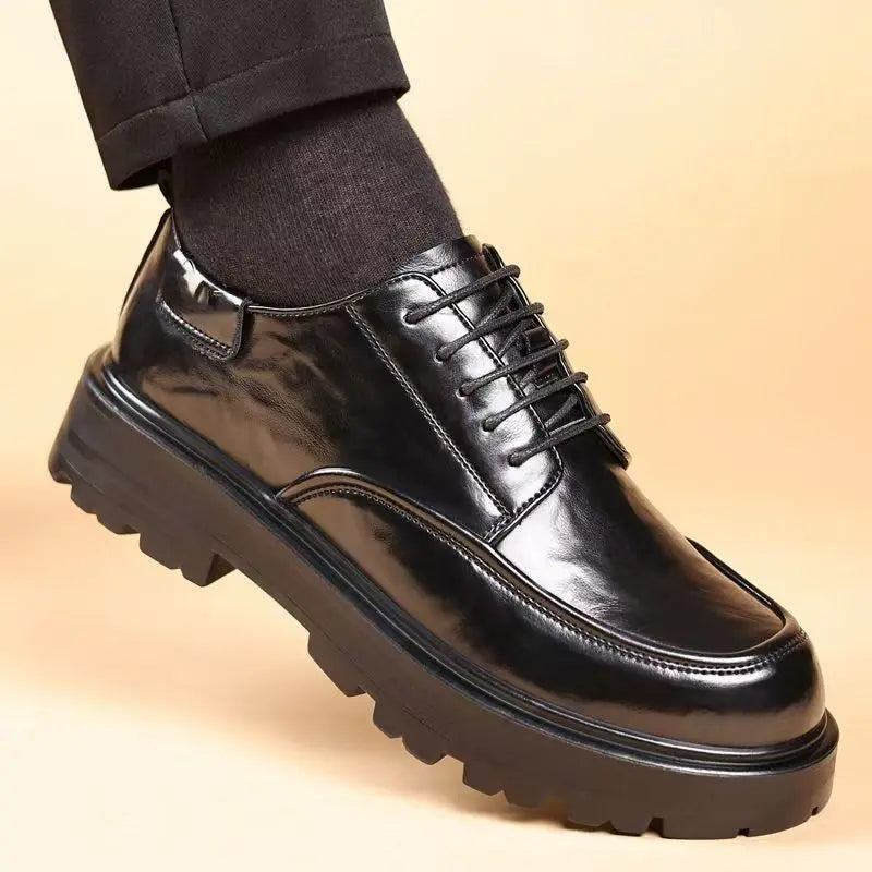 Round Toe Height Increasing Thick Sole Black Leather Shoes for Men Low Price High Quality Social Fashion New in Man Casual Shoe