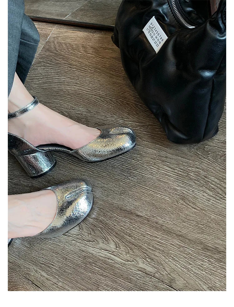 Brand Designer Tabi ninja high heels shoes woman ankle strap silver crack leather pumps split toe D'orsay mary janes shoes woman