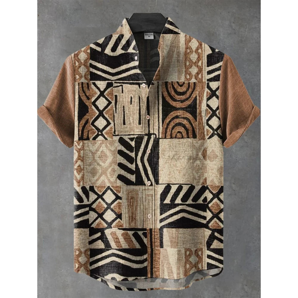 African Style Men's Retro Ethnic Tribal Short Sleeve Shirt Tops Fashion Casual Stripes Pattern Vacation Streetwear Men's Shirt