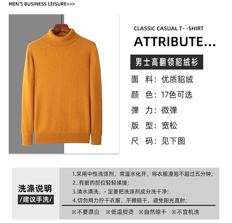 Men's 100% Mink Cashmere Sweater High Lapel Thick Knitted Pullover Casual Large Size Middle-Aged Sweater Autumn Winter New Tops