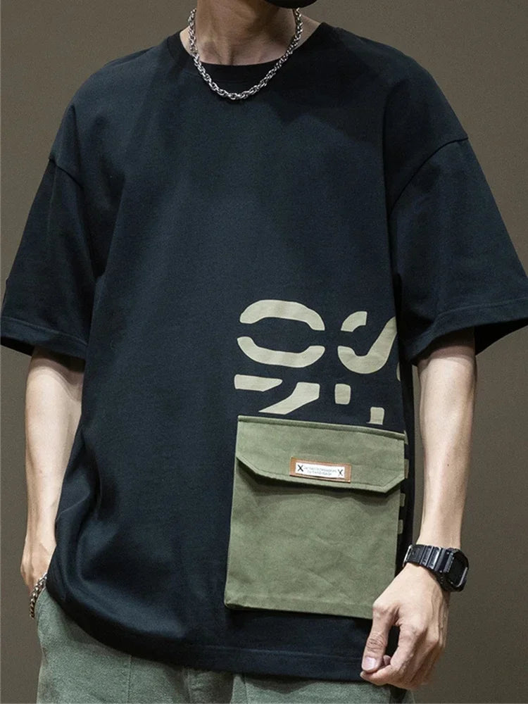Summer Men's Short Sleeve Letter Printed T-shirt With Cargo Pocket Casual Cotton O-Neck Tops Y2K Streetwear Oversized Tee Shirts