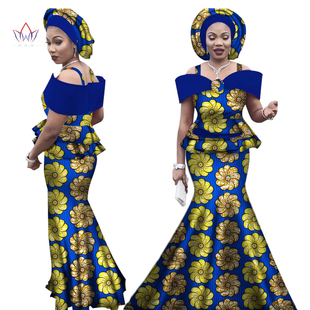 African Outfits with Headtie for Women Dashiki Bazin Print Strap Tops and Long Skirts Women Set African Clothing WY3113