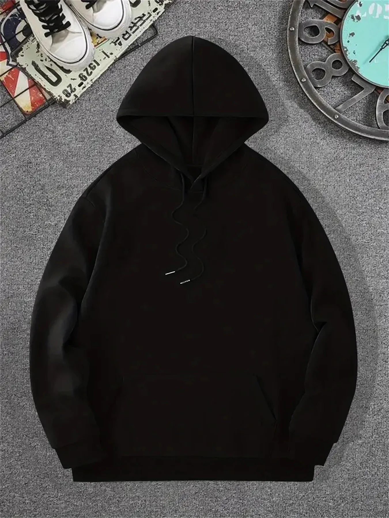Men's autumn and winter casual fashion loose geometric print long sleeved hooded sweatshirt warm pullover BAZAARHUBO
