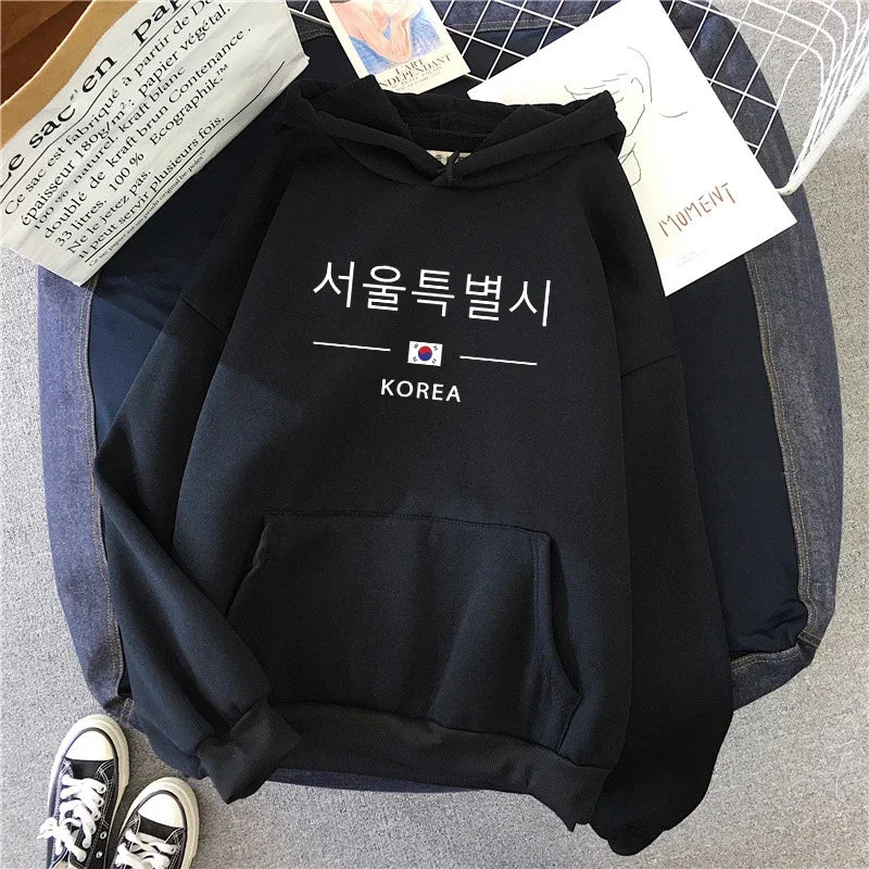 Seoul Korea Print Hoodie Woman High Quality Hoode Long Sleeve Pullover Fall Winter Female Daily Casual Sport Loose Sweatshirt