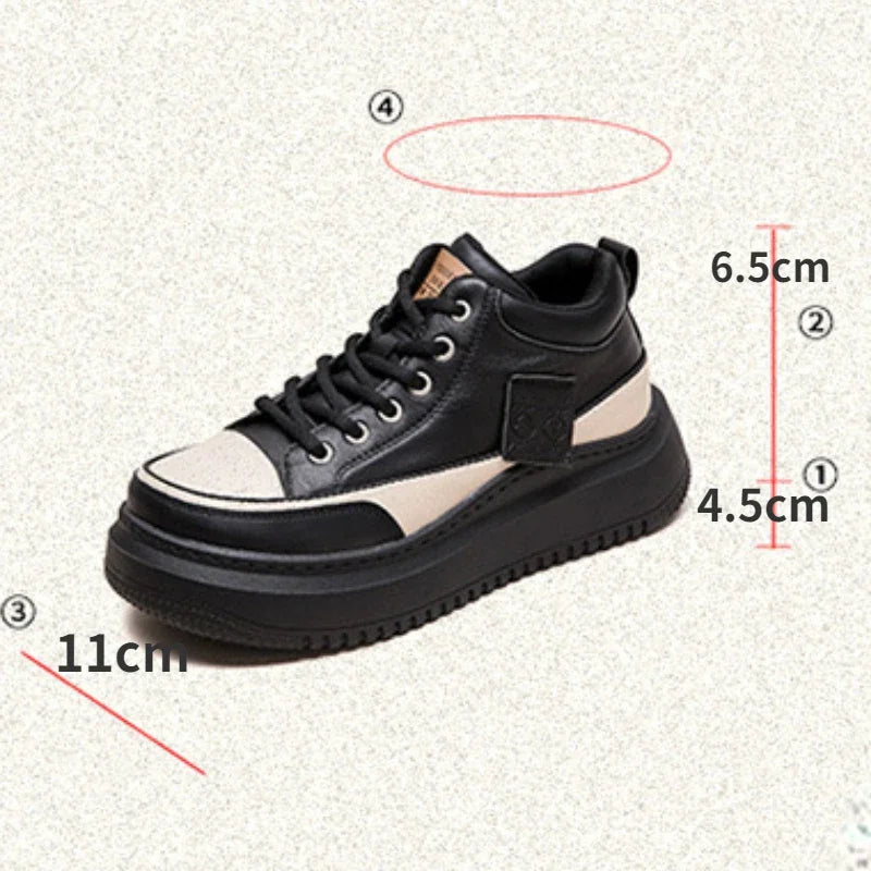 Myjyjz 4.5cm Cow Genuine Leather Women Spring Platform Wedge Flats Chunky Sneakers Lace Up Autumn Loafer Vulcanize Shoes Rubber