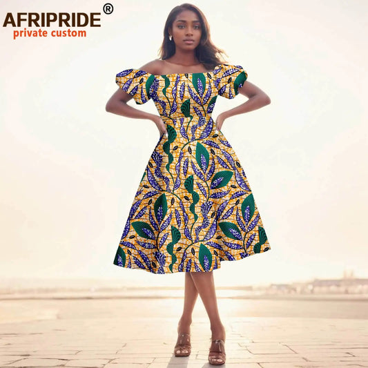 African Dresses for Women Short Sleeve High Waist Print Midi Dress Ankara Attire Traditional Outfit Elegant Fashion Wear 2425102