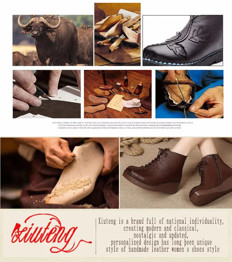 Xiuteng Autumn New Cowhide Mid-Heel Soft-Soled Women's Short Boots Retro Casual Leather  Boots Warm Women's Cotton Shoes