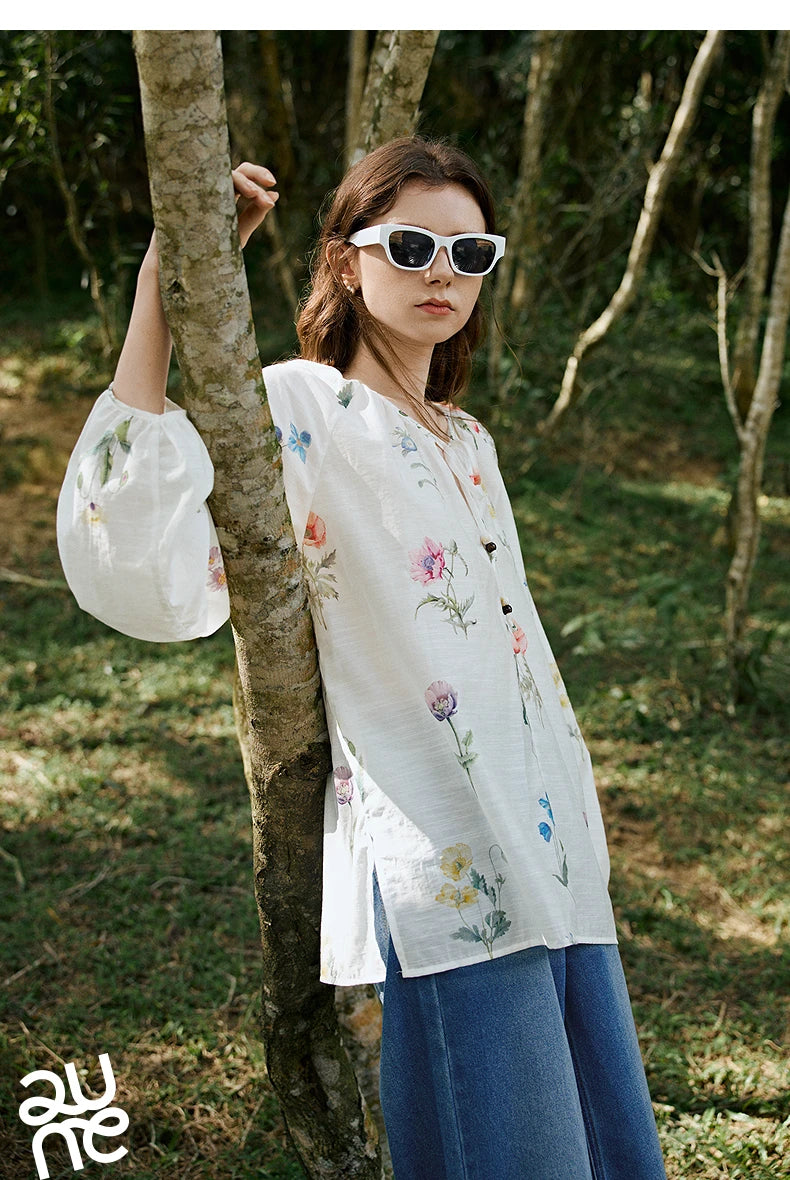 TOYOUTH Women Blouse Shirt 2025 Spring New Linen Floral Printed Velvet Casual Pullover Tops