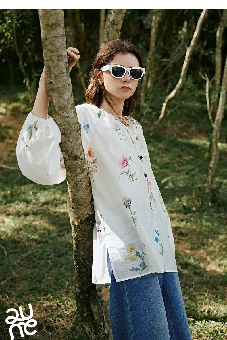 TOYOUTH Women Blouse Shirt 2025 Spring New Linen Floral Printed Velvet Casual Pullover Tops BAZAARHUBO