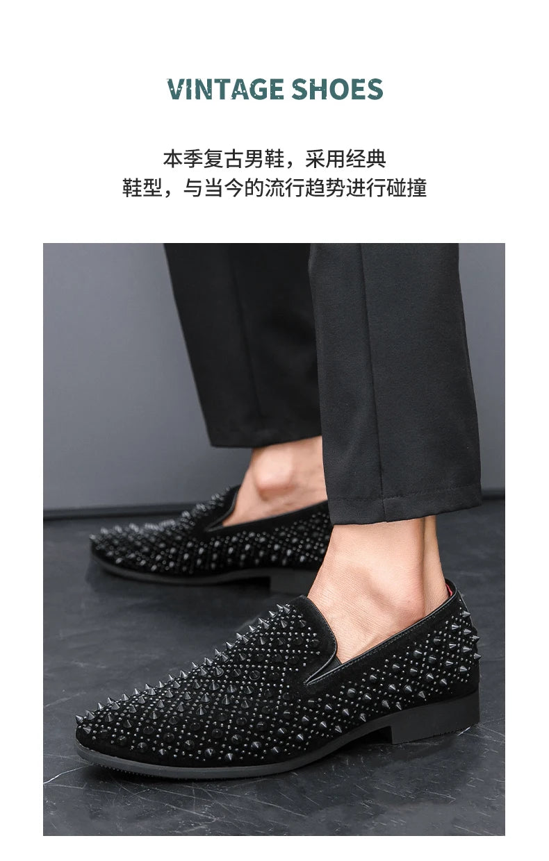 Men's Fashion Suede Leather Rivet Loafers Mens Casual Printed Moccasins Oxfords Wedding Shoes Man Party Driving Flats EU size 47