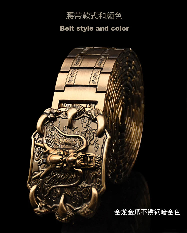Men's belt Stainless steel Belt Retro Dragon metal Belt Gold Color Charm Belt Hip Hop Punk Strap self-defense luxury Belt male BAZAARHUBO