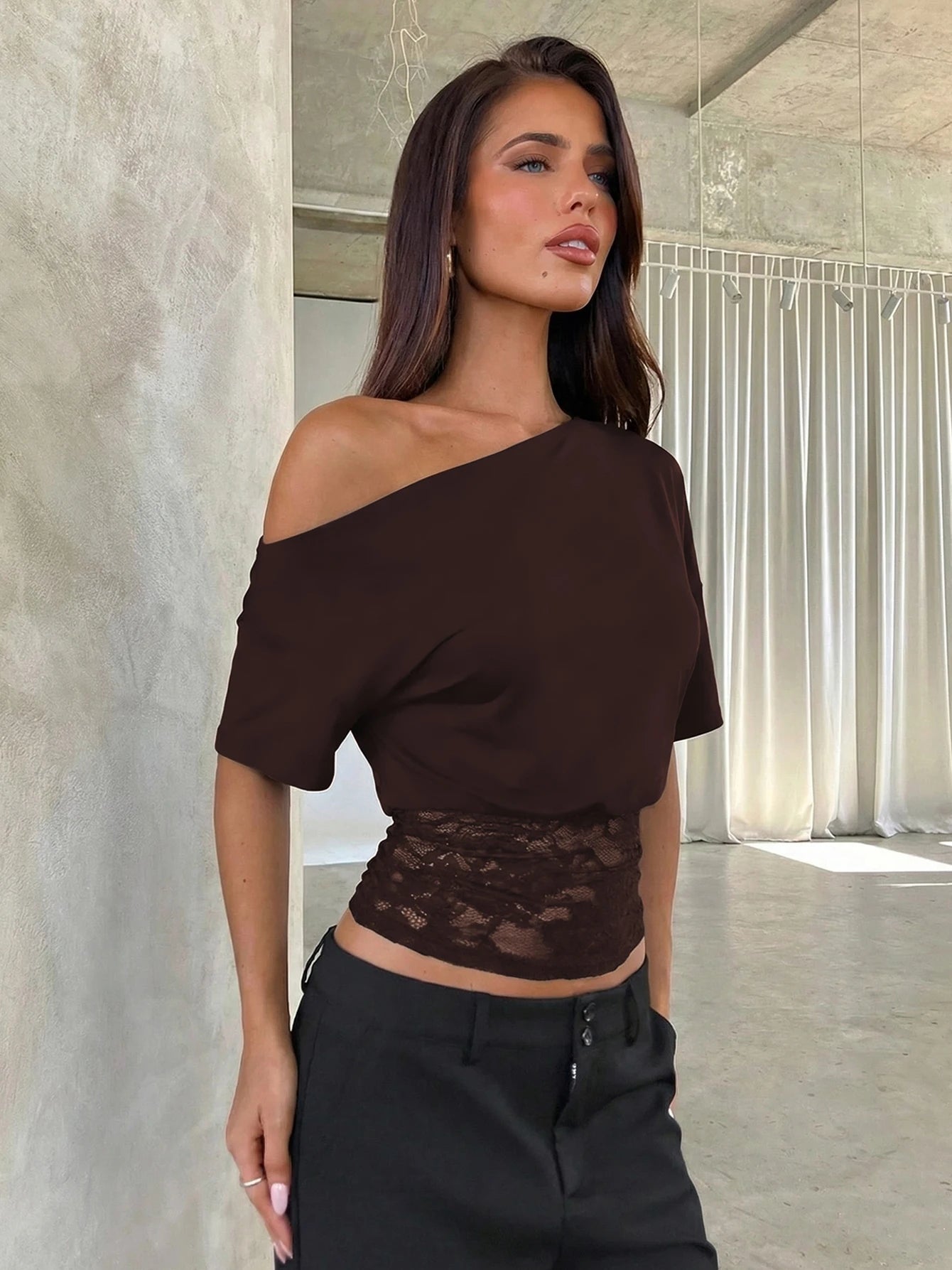 Dulzura Inclined Shoulder Short Sleeve Slim Lace Patchwork T-Shirt Women'S Vintage Sexy Casual Y2K Top Party Club Summer Clothes