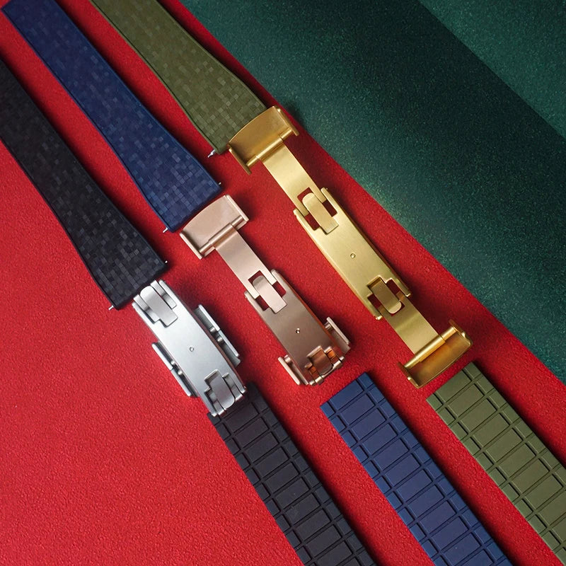 Cut to Size Fluoro Rubber Watch Strap 18/19/20/21/22mm Mosaic FKM Deployment Buckle Universal Flat End Replace Band Bracelet