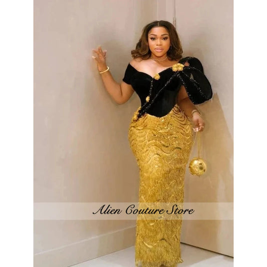 Luxury African Evening Dresses For Women Black Gold Velvet Mermaid Long Formal Party Gown Aso Ebi Wedding Prom Dress Customized