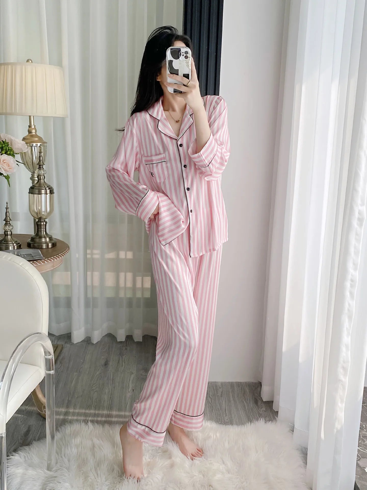 Silky Satin Pajama For Women Striped 2PCS Sleep Set Homewear 2025 Spring New Long Sleeve Trouser Suits Loungewear Nightwear