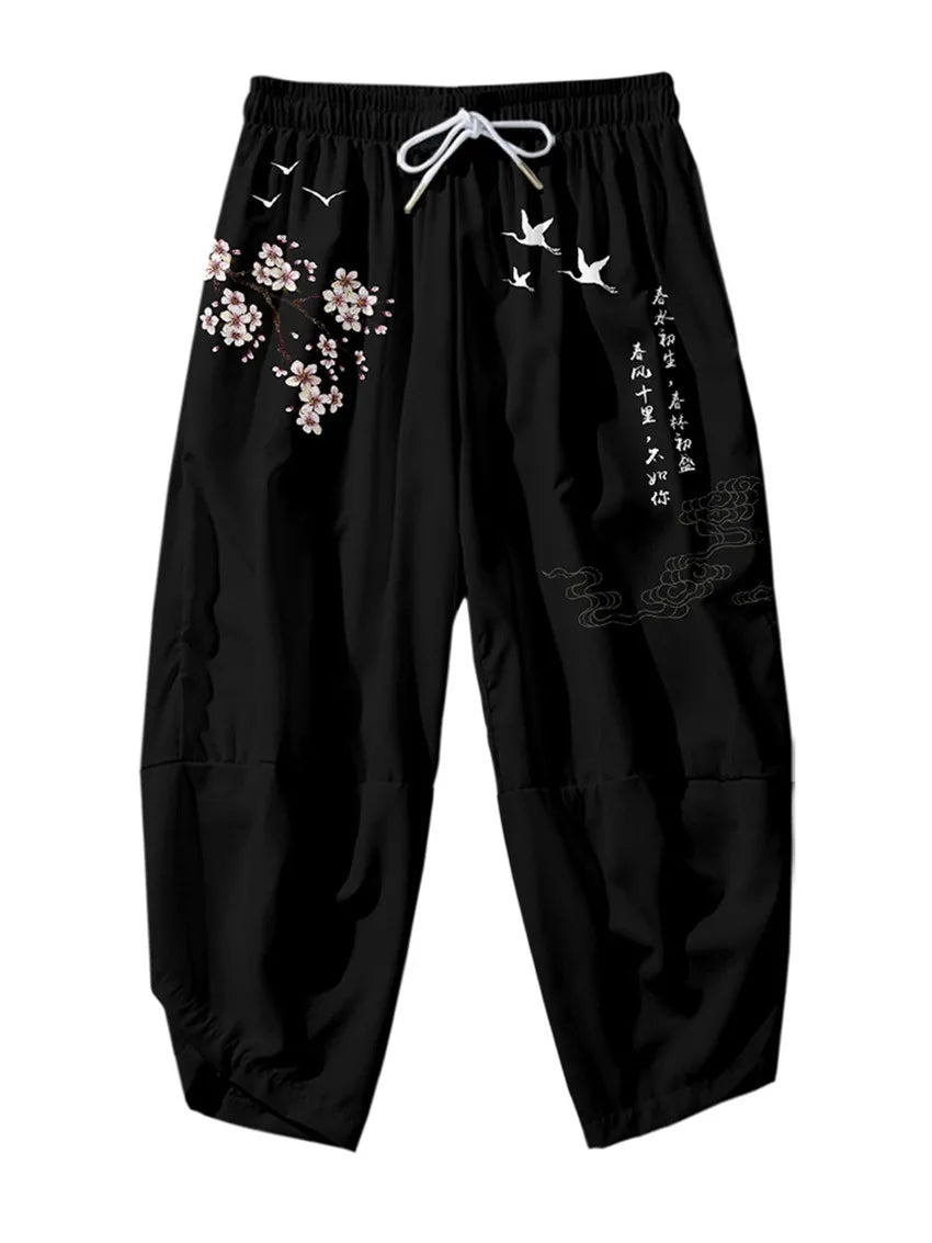 Men Yukata Style Harajuku Cardigan Traditional Japanese Great Wave of Kanagawa Crane Printed Trousers Asian Costume Kimono Pants