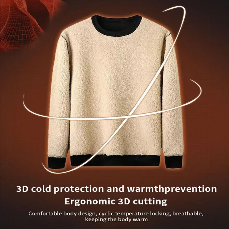 Men's wool lined autumn and winter warm T-shirt warm underwear round neck pullover sweatshirt thick long sleeved top
