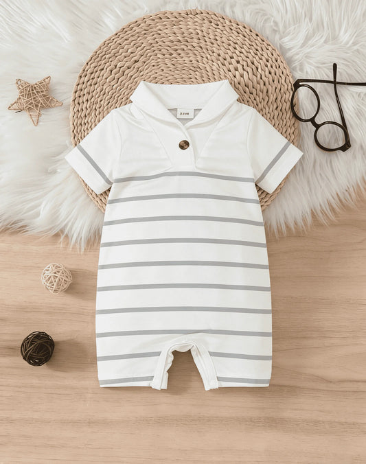 Baby Boys Summer Short Romper, Striped/Navy Sleeveless Polo Collar Jumpsuit, Casual Infant One-Piece Outfit 0-24M