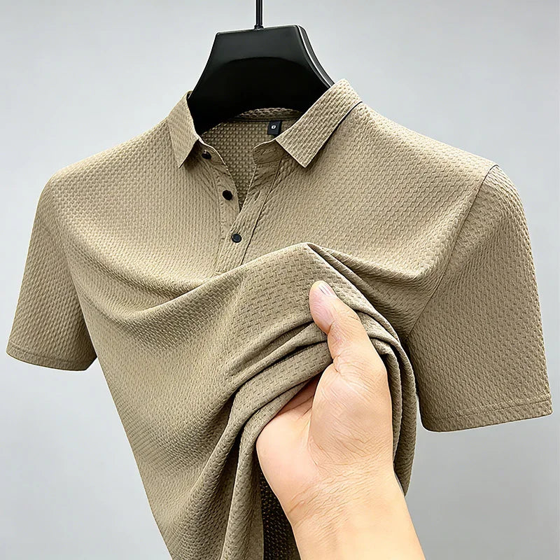 Men's Solid Color Short Sleeve Polo Shirt With Waffle Weave Design Fashionable Turn Down Collar Base Layer Ideal  Hiking Running