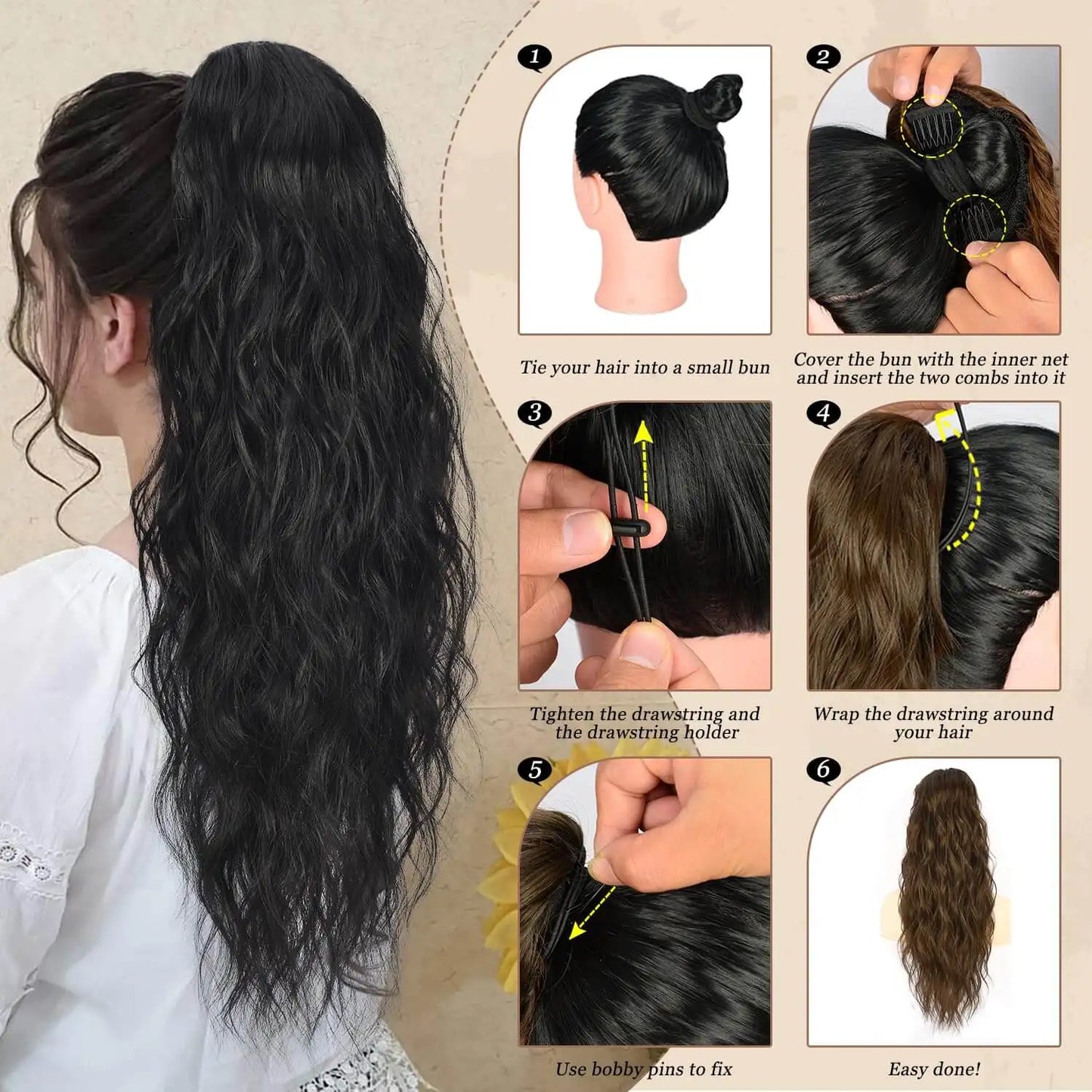 Alana Synthetic Long Natural Wave Drawstring Ponytail 22inch Clip in Hair Extensions Blonde Natural Hair Fake Weave Ponytails