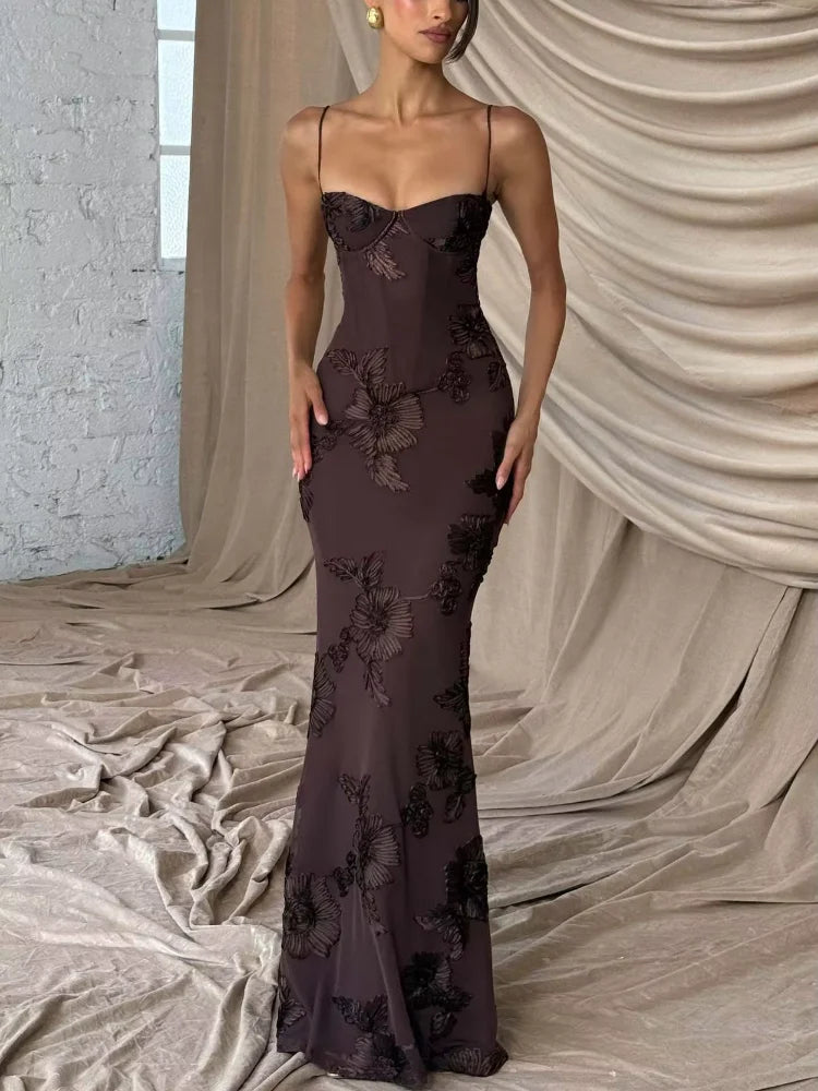 Elegant Women 3d Embroidery Floral Long Dress Women Backless Cross Tied Spaghetti Strap Robe Slim Floor Length Evening Dresses