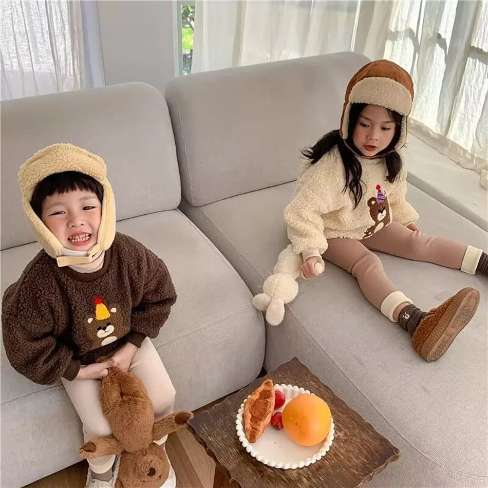 Plush Pants for Kids 1-8 Years Soft Warm Solid Color with Animal Cartoons Stretchy Comfy Winter Trousers for Boys and Girls