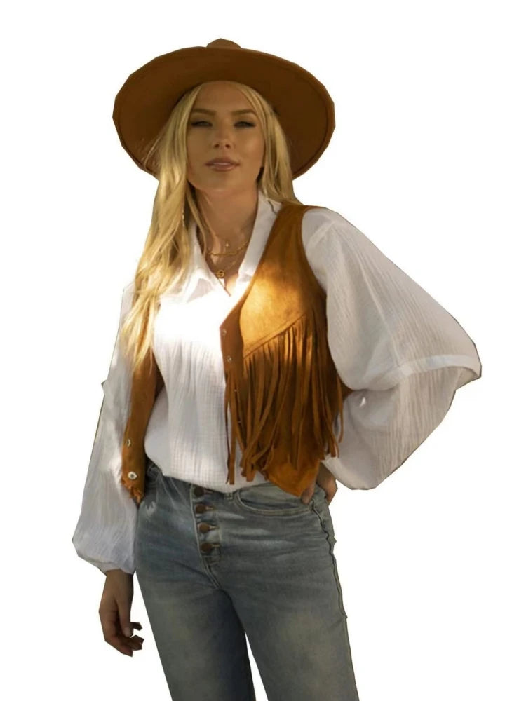 Women Faux Suede Ethnic Sleeveless For Jacket Rivet Fringe Tassels Hippie Open Front Cardigan Vintage Cowgirl Waistcoat Vest