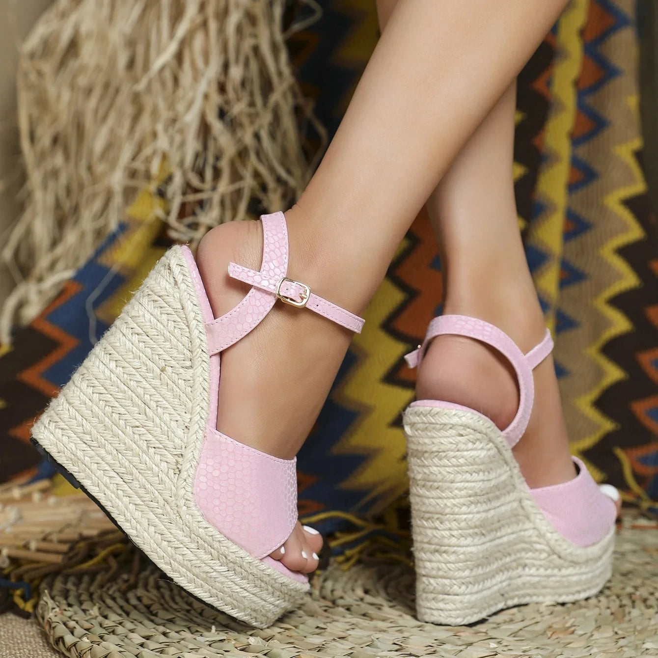 Hemp rope Platform Sandals 2024 New Women Wedge Party Shoes Ankle Buckle 14.5CM Comfortable High Heels Sandalies Mujer Plus Size