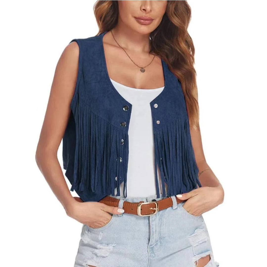 Women Faux Suede Ethnic Sleeveless For Jacket Rivet Fringe Tassels Hippie Open Front Cardigan Vintage Cowgirl Waistcoat Vest