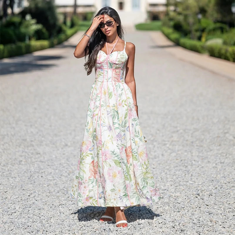 Fashion Women's Dress Halter Sleeveless Hollow Out Print Female Dresses 2026 Summer Vacation Holiday Beach Chic Sexy Lady Robe