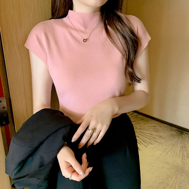 2026 Women Summer Knitted Turtleneck Sleeveless T-Shirts Tops Solid Slim Fit Pullovers Causal Tees Female Streetwear Basics Tees
