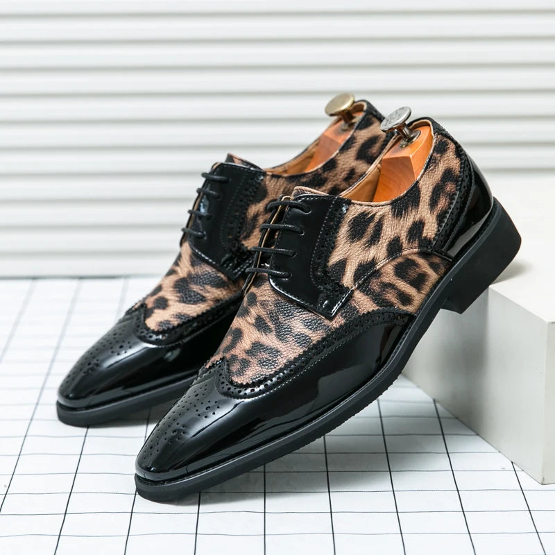 2025 Fashion Leopard Dress Shoes Man Pointed-Toe Lace-up Luxury Man Comfortable Leather Shoes For Men Plus Size 48 Oxford shoes
