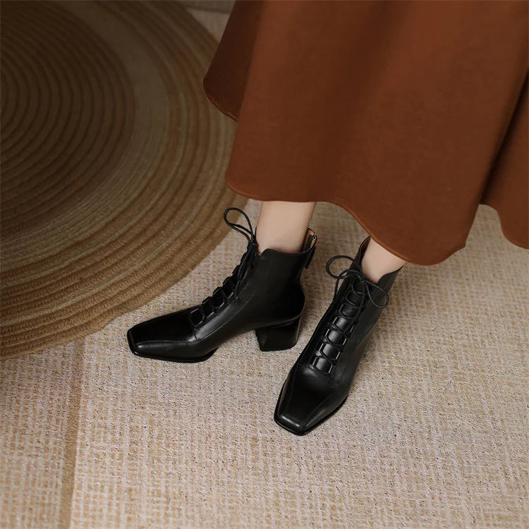 2026 Fashion Women Shoes Split Leather Short Boots Square Toe Chunky Boots Winter Shoes Women Solid High Heel Boots for Women