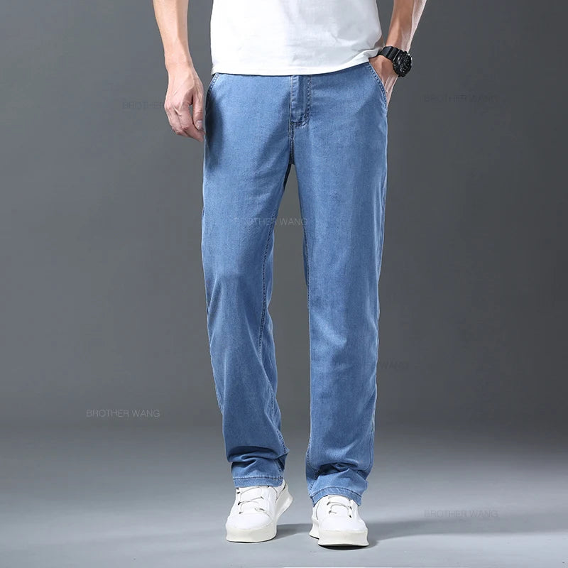 Lyocell Ice Silk Jeans Men's Summer Ultra-thin Loose Straight Denim Pants Soft Comfortable Brand Male Light Blue Trousers