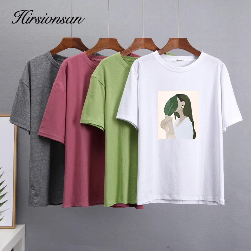 Hirsionsan Harajuku Printed T Shirt Women 2023 Summer Chic Tees 100% Cotton Elegant Graphic Clothes Loose Casual Pullover Tops