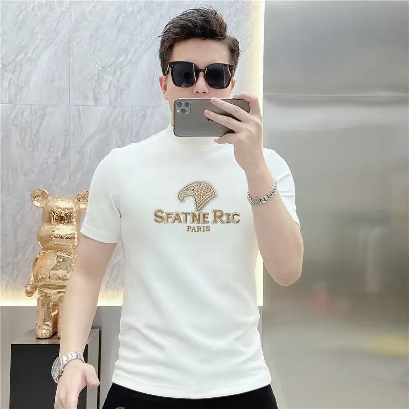 Luxury Rhinestone Summer Men's T-shirt Slim Fit Short Sleeve Casual T-shirt Male Round Neck Business Social Tee Top Men Clothing