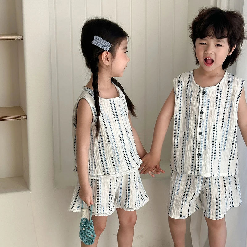 Summer Children's Vest Set Girls Lace Top Suit Kids Embroidered Striped Tank Top and Shorts 2Pcs Boys Casual Suit Sibling Outfit