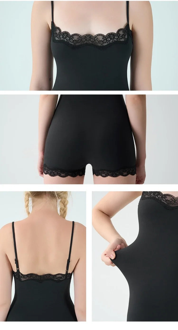 Square Neck Spaghetti Strap Bodysuits Lace Trim Women Sleeveless Slimming Bodycon Jumpsuit Romper