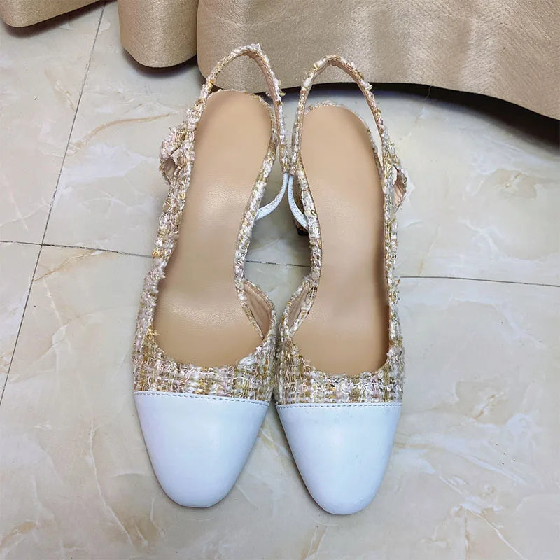 2023Spring Autumn Fashion High Heels Sandals Women's Dress Square Toe Slingback Shoes Women's Color Block Back With Flat Sandals