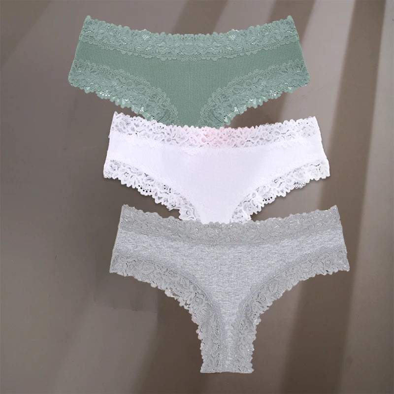 3Pcs/Set Sexy Lace Briefs Cotton Panties Women's Fashion 7 Solid Color Comfortable Briefs Low Waist Underpants Stretch Underwear