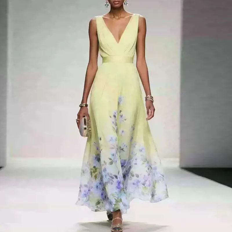 New Fashion Party Dresses Summer Women's Sexy Deep V Neck Floral Print Ruffle Sleeveless High Waist A Line Beach Dress Vestidos