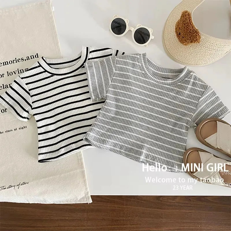 Summer Girls Sets Children's Fashion Striped Suit Kids Short-Sleeved Round Neck Top Trousers 2Pcs Bew Casual Clothing Outfit