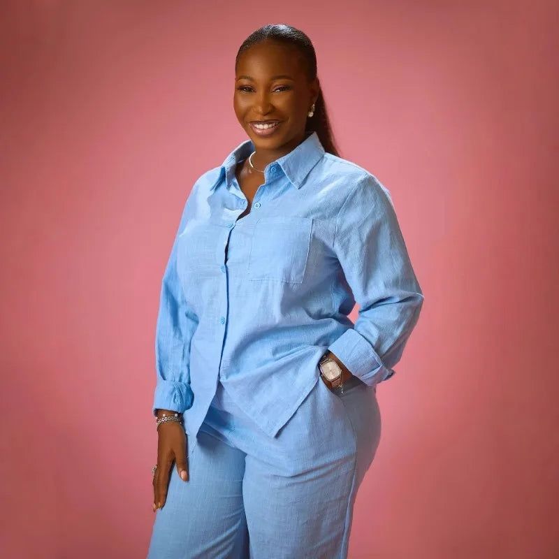 African Style Women 2 Piece Casual Outfits Blue Button Shirt & Wide Leg Pants Set Elegant Daily Streetwear Loose Loungewear