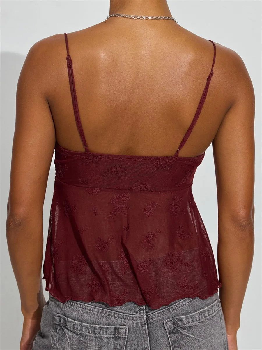 Y2K Crop Tank Top Women Sleeveless Camisole Spaghetti Strap Mesh Floral Backless