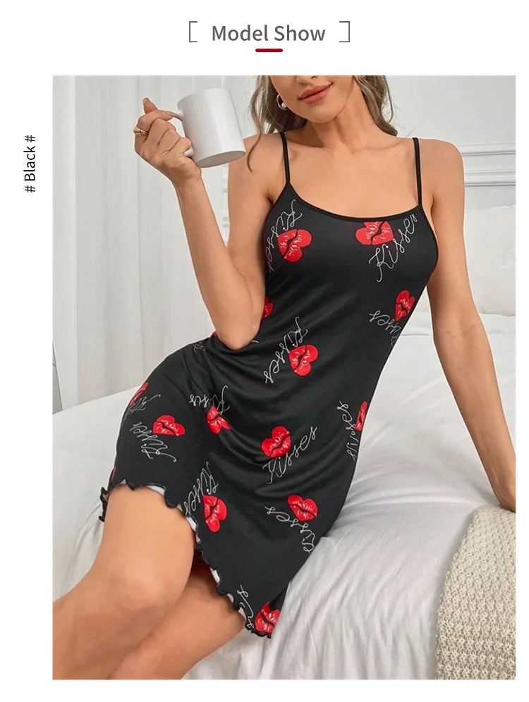 Heart Print Lettuce Trim Slip Nightdress Casual Round Neck Backless Night Dress Women's Sleepwear Home Loungewear Pyjama Femme