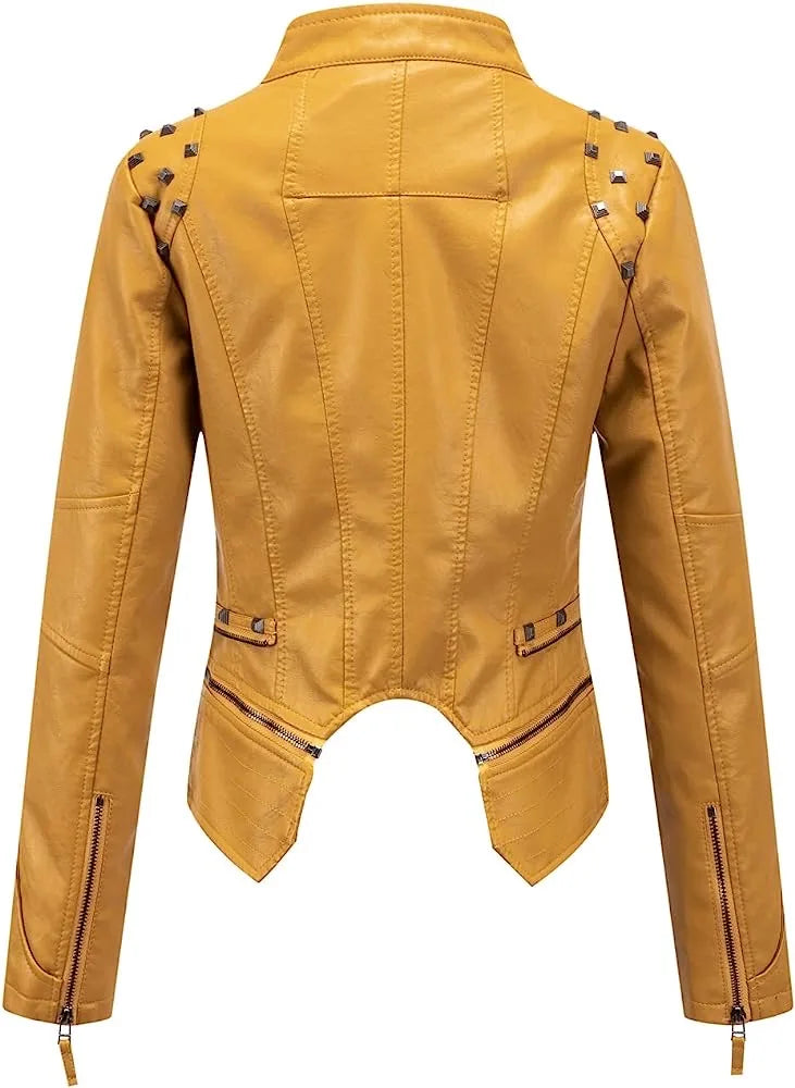 2025 Spring Women PU Leather Jacket With Suit Collar And Rivet Waist