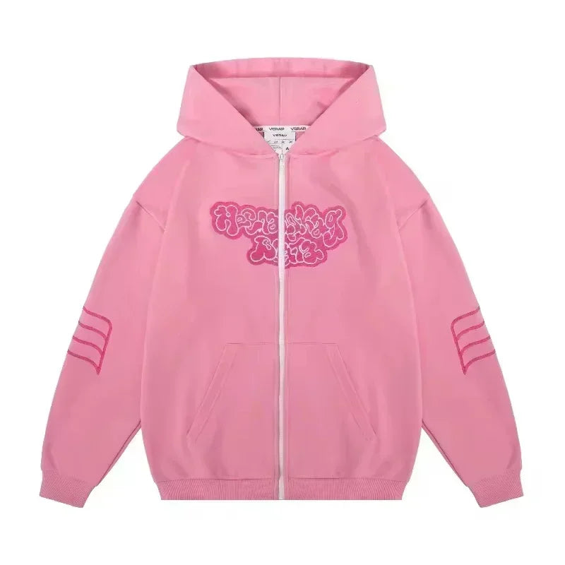 American Fashion Hip Hop Letter Embroidered Zipper Hoodie Men Street Y2K New Casual Loose Fleece Padded Sweatshirt Unisex Hoodie