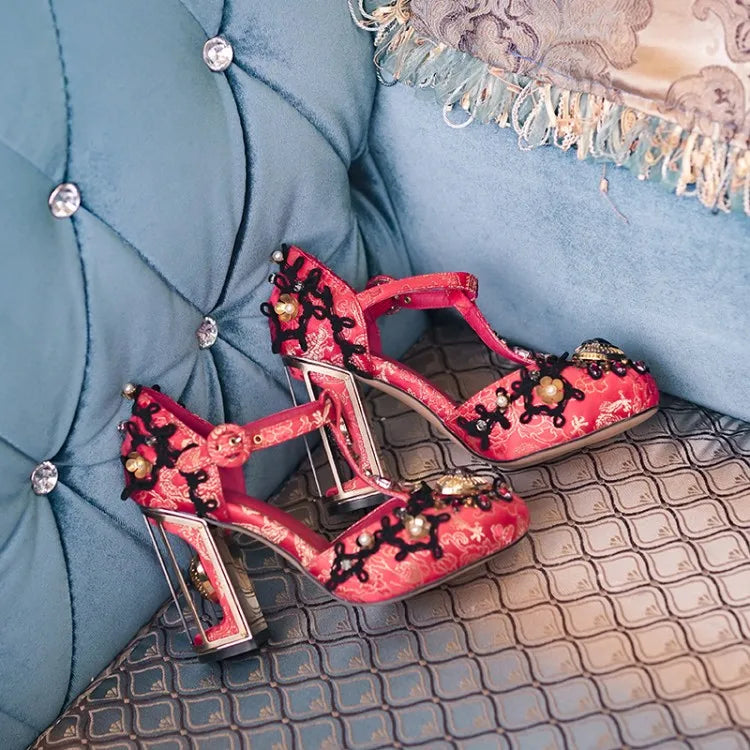 Light Blue Silk Women T-strap Pumps Platform Metal Flowers Decor Wine Red Wedding Shoes 10cm Fretwork High Heels Chaussure Femme